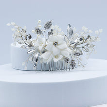 Load image into Gallery viewer, Bridal Hair Comb with White Resin Flowers, Crystals and Pearls
