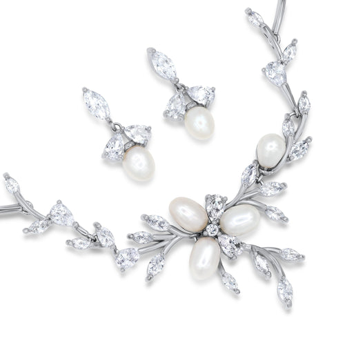 Freshwater Pearl & Crystal Leaves Necklace and Earrings Set
