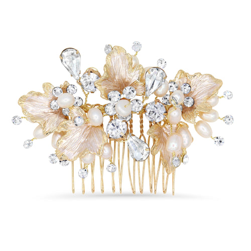 Bridal Hair Comb with Hand Painted Gold Leaves, Pearls and Crystals