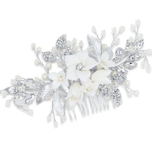 Load image into Gallery viewer, Bridal Hair Comb with White Resin Flowers, Crystals and Pearls
