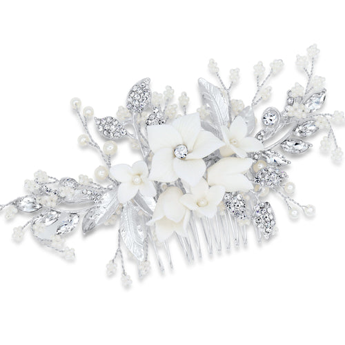 Bridal Hair Comb with White Resin Flowers, Crystals and Pearls