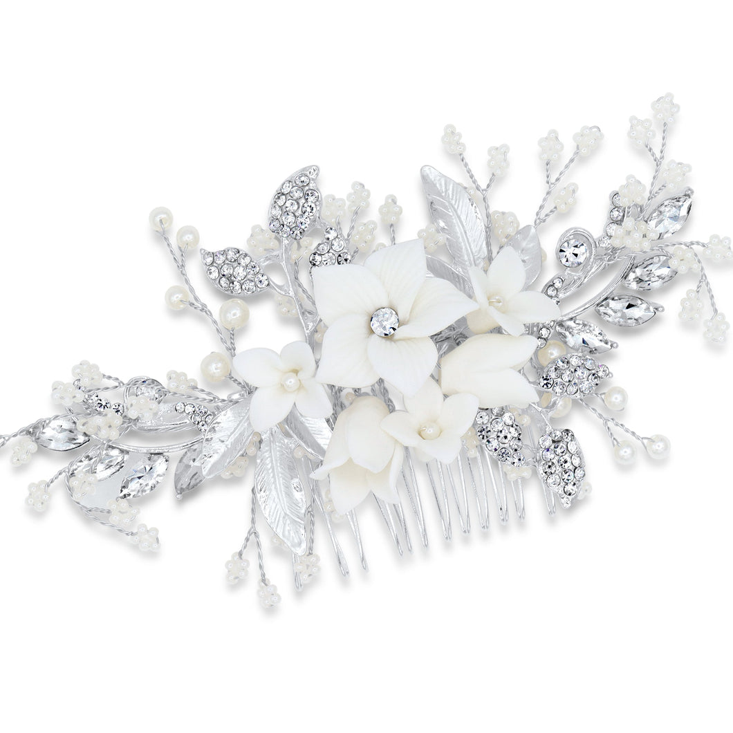 Bridal Hair Comb with White Resin Flowers, Crystals and Pearls