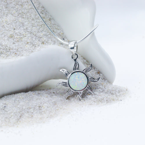 Opal Sun Pendant Necklace- Silver