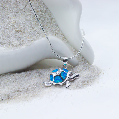 Blue Opal Turtle Pendant Necklace