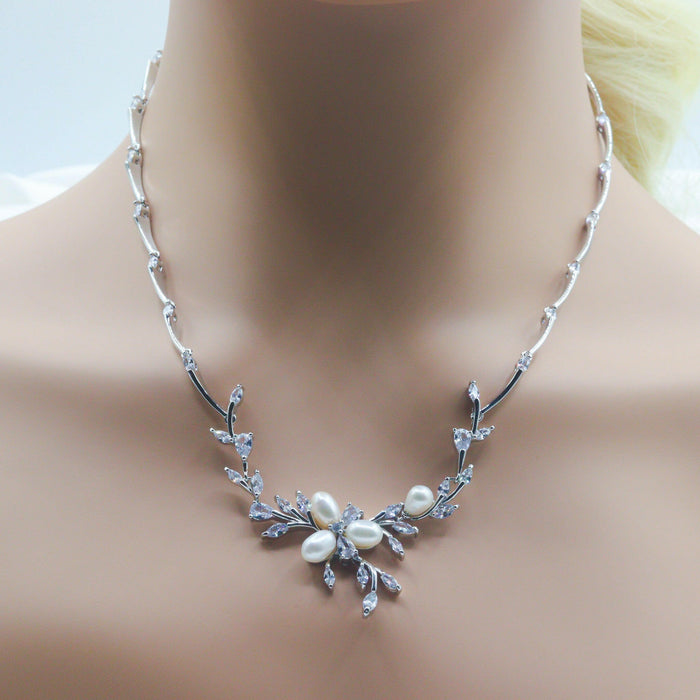 Freshwater Pearl & Crystal Leaves Necklace and Earrings Set