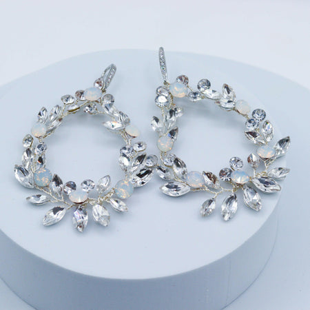 Hand-made Opal and Crystal Bridal Hoop Earrings.
