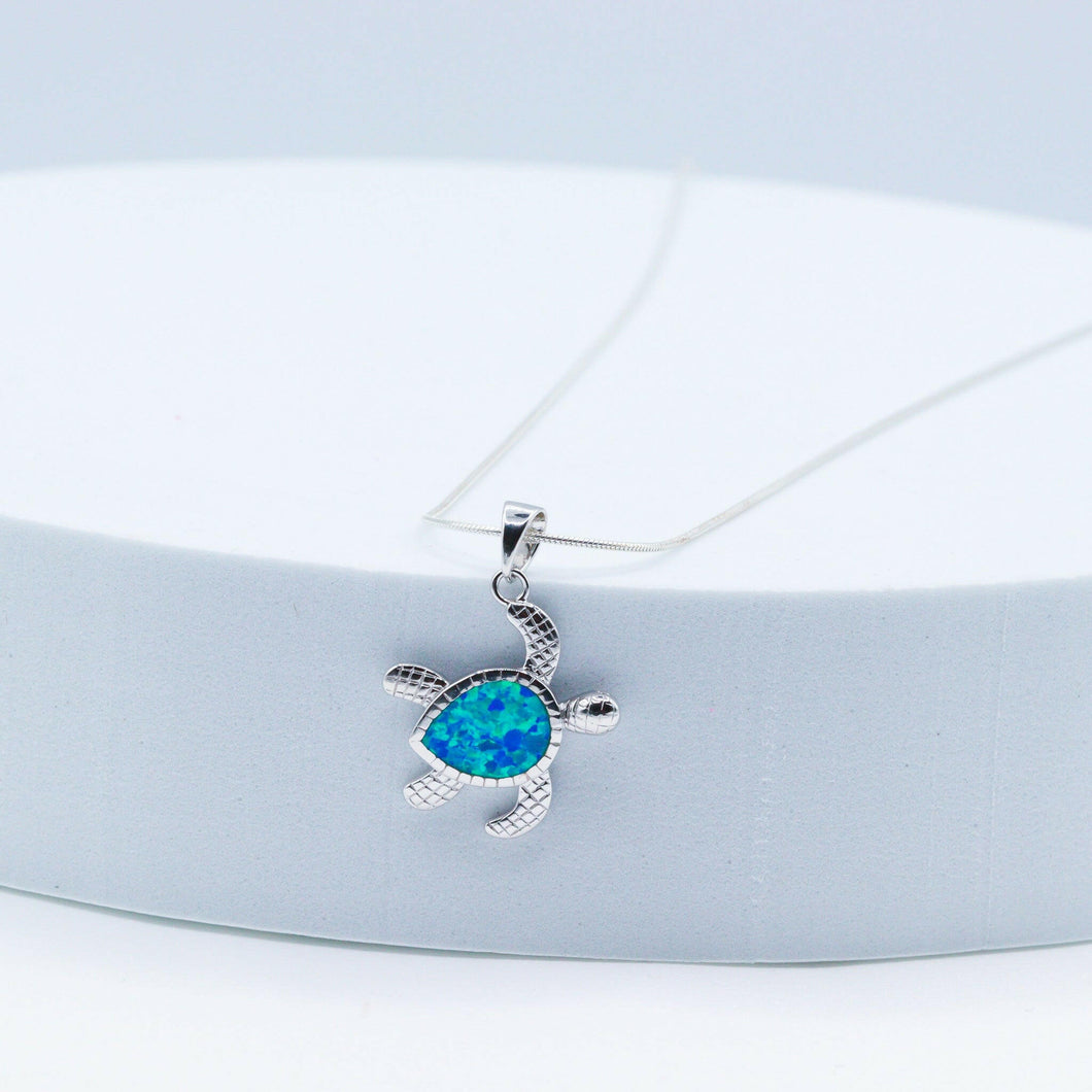 Sterling Silver Blue Opal Sea Turtle Pendant Necklace