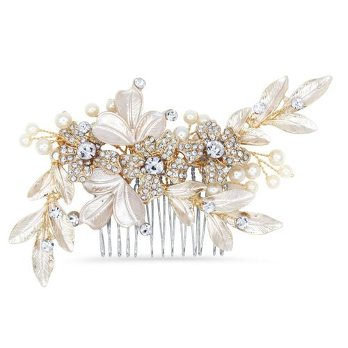 Bridal Hair Comb with Hand Painted Gold Leaves and Crystals