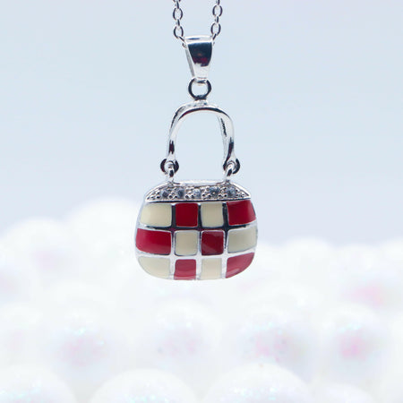 Pink and White Checkered Purse Pendant Necklace.