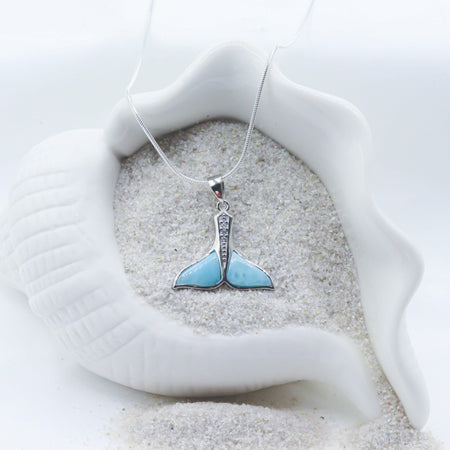 Natural Larimar Whale Tail Pendant Necklace.
